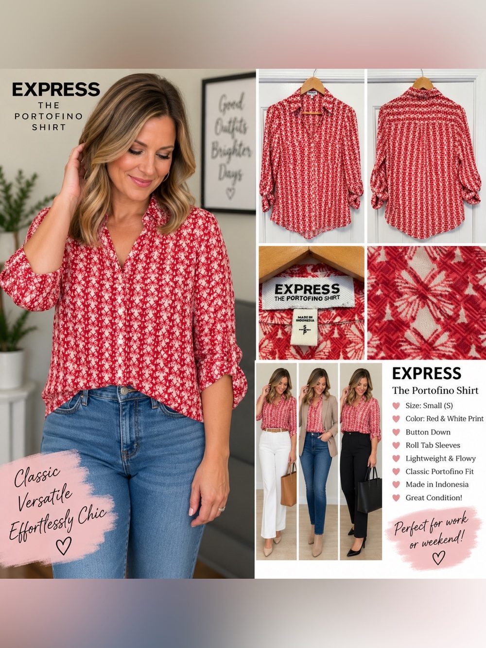 Express Portofino Shirt Small Red White Butterfly Print Button Down Blouse